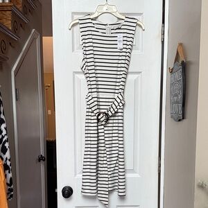 LOFT Black and White Striped Midi Belted Dress Size 12 NWT